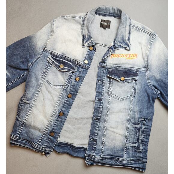 Rockstar Original Denim Jacket Mens XXL Blue Saint Sinner Distressed Streetwear - Picture 2 of 7